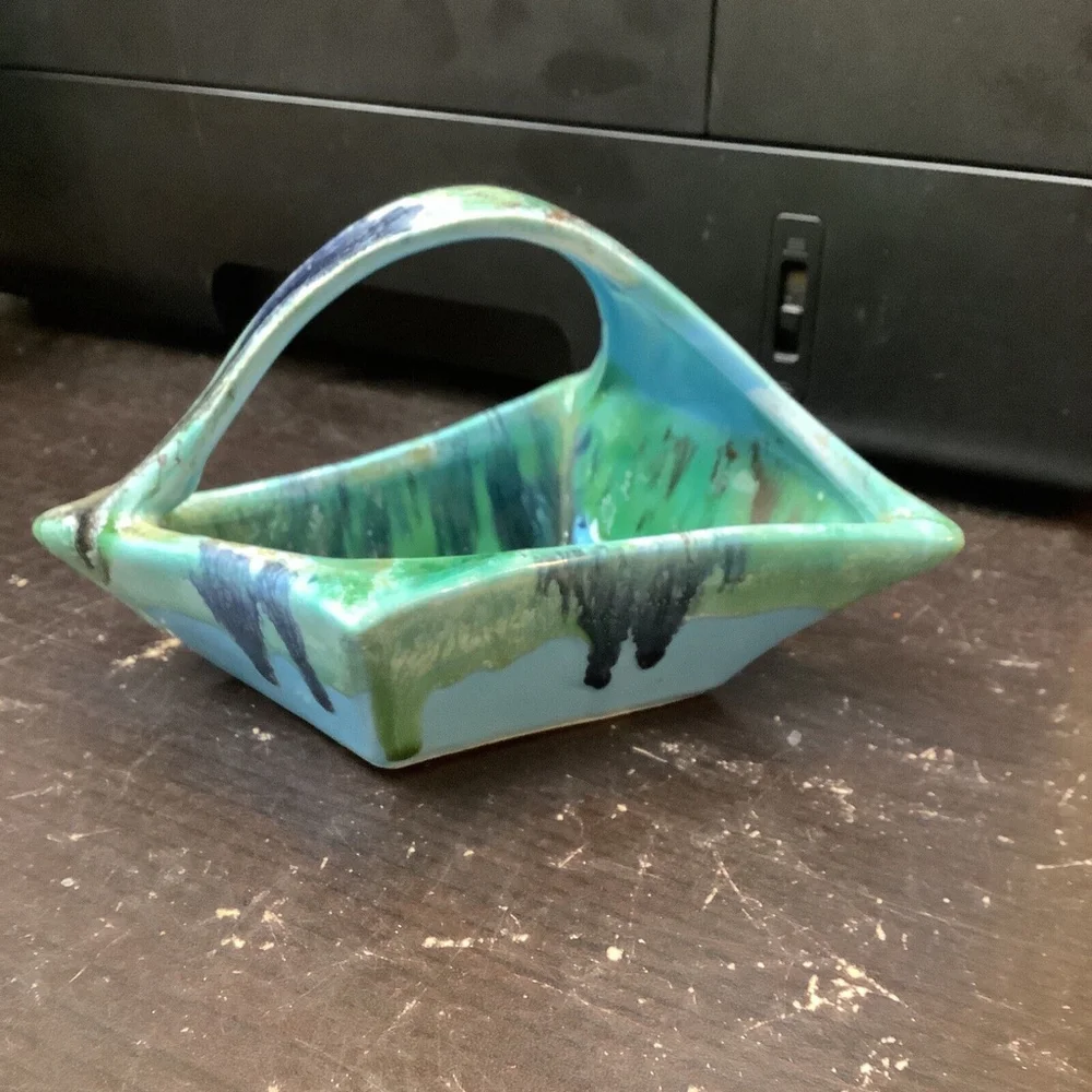 Art pottery vase drip glaze MCM Diamond Shaped Basket 4.5”x7”